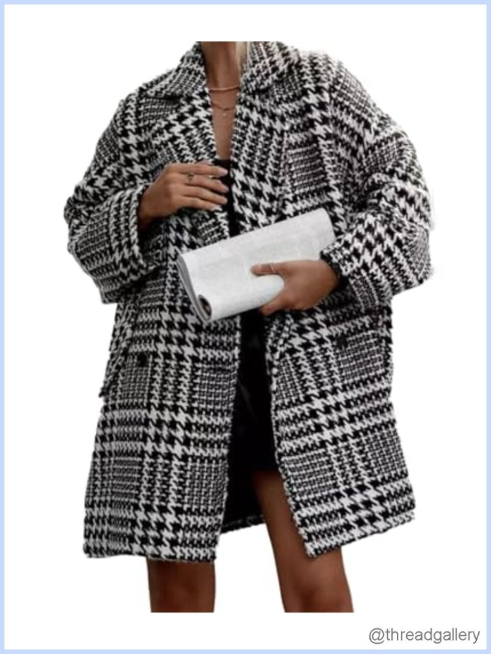 Houndstooth Trench Coat Double Breasted Notched Lapel Pea Coat